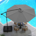 Costway Ombrellone pendente da 350cm con 32 luci LED pannello solare batterie sacco di sabbia, Ombrellone da esterno Grigio - immagine 3
