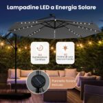 Costway Ombrellone pendente da 350cm con 32 luci LED pannello solare batterie sacco di sabbia, Ombrellone da esterno Grigio - immagine 10