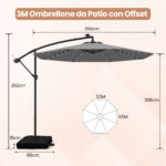 Costway Ombrellone pendente da 350cm con 32 luci LED pannello solare batterie sacco di sabbia, Ombrellone da esterno Grigio - immagine 4
