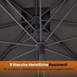 Costway Ombrellone quadrato 3x3 m con 8 stecche metalliche robuste asta smontabile, Ombrellone da esterno senza base tessuto poliestere Grigio - immagine 6