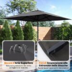 Costway Ombrellone quadrato 3x3 m con 8 stecche metalliche robuste asta smontabile, Ombrellone da esterno senza base tessuto poliestere Grigio - immagine 8
