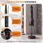 Costway Ombrellone quadrato 3x3 m con 8 stecche metalliche robuste asta smontabile, Ombrellone da esterno senza base tessuto poliestere Grigio - immagine 9