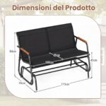 Costway Panca a dondolo da esterno per 2 persone con braccioli curvi, Sedia a dondolo in legno e seduta in tessuto traspirante Nero - immagine 6