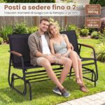 Costway Panca a dondolo da esterno per 2 persone con braccioli curvi, Sedia a dondolo in legno e seduta in tessuto traspirante Nero - immagine 8