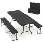 Costway Panca pieghevole in plastica 182 cm per interni ed esterni, Sedia da picnic portatile con piano HDPE Nero