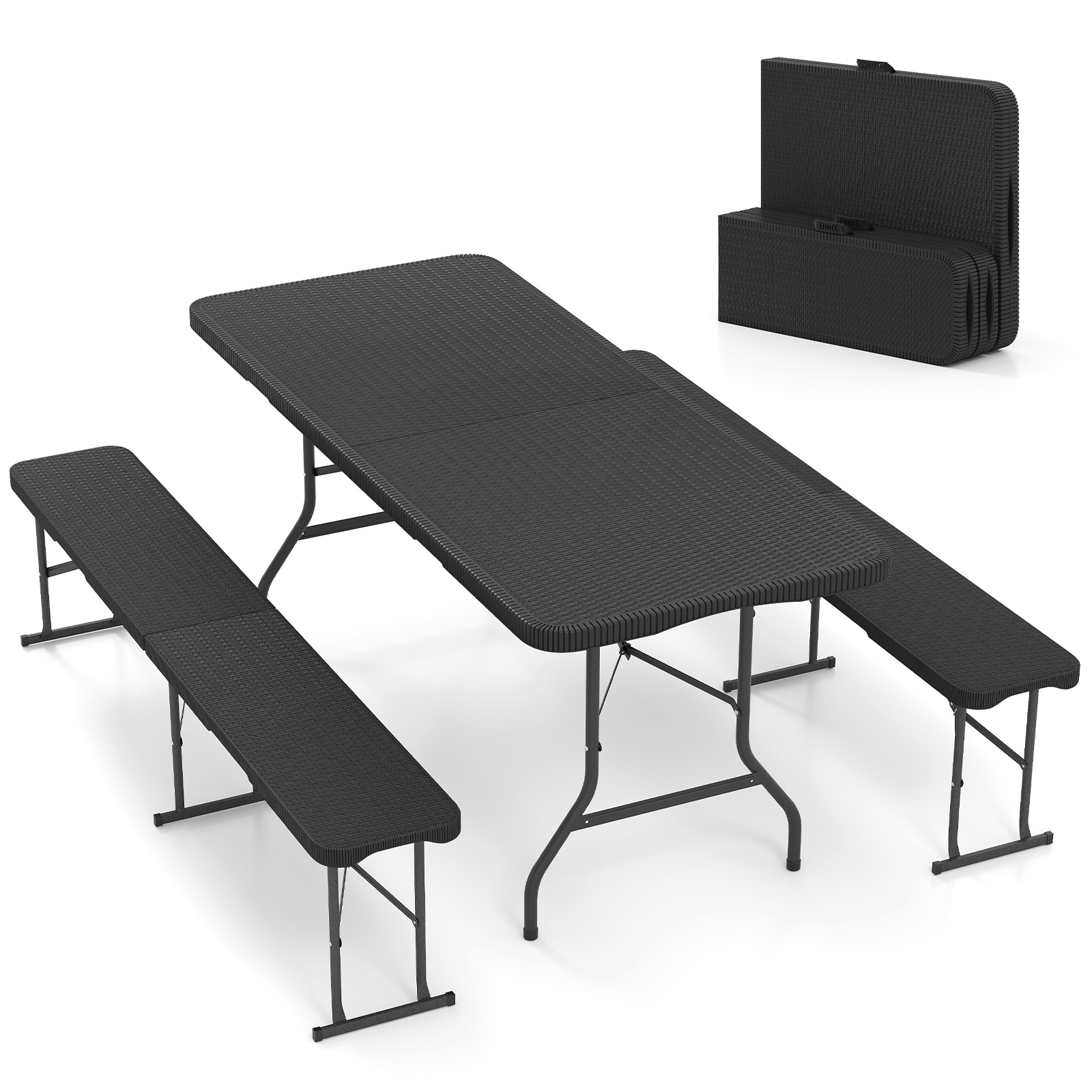 Panca-pieghevole-in-plastica-182-cm-per-interni-ed-esterni-mediaId105190747-1784617787.jpg Costway Panca pieghevole in plastica 182 cm per interni ed esterni, Sedia da picnic portatile con piano HDPE Nero - immagine 1