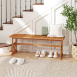 Costway Panchina da esterno in legno di acacia per 2-3 persone, Panchina senza schienale per patio giardino e veranda - immagine 2