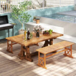 Costway Panchina da esterno in legno di acacia per 2-3 persone, Panchina senza schienale per patio giardino e veranda - immagine 4