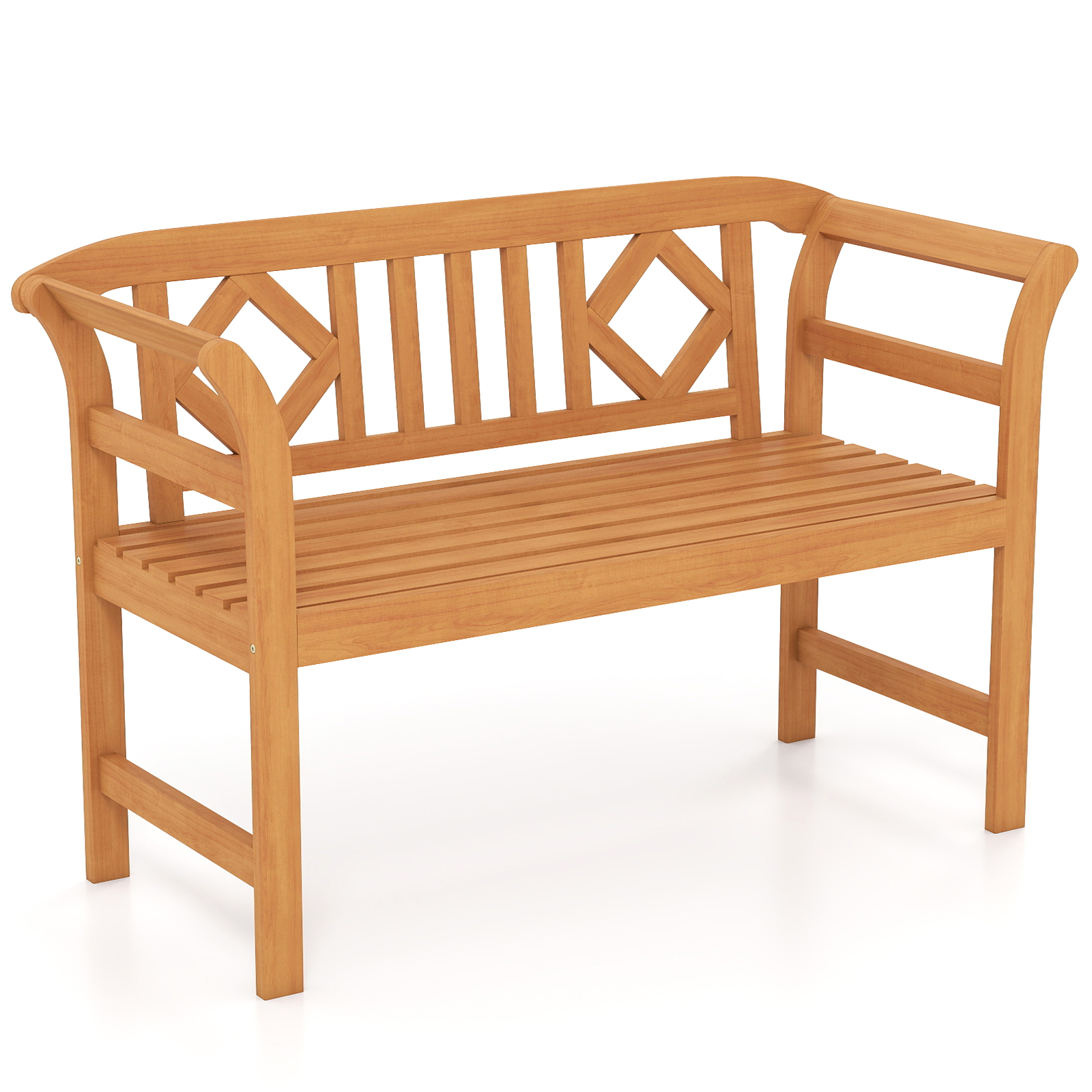Panchina-da-esterno-in-legno-di-acacia-per-2-persone-con-schienale-e-braccioli-mediaId103576630-1772440139.jpg Costway Panchina da esterno in legno di acacia per 2 persone con schienale e braccioli, Panchina da giardino capacità 360 kg per veranda cortile prato e piscina Modello 2 - immagine 1