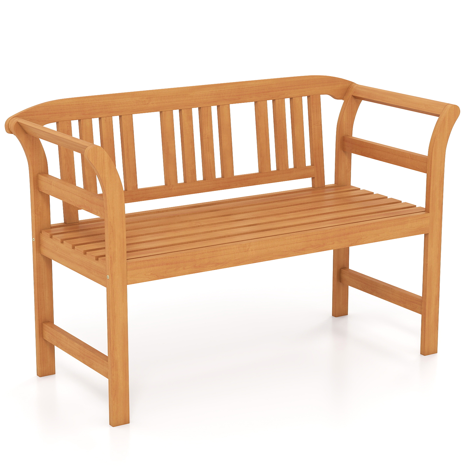Panchina-da-esterno-in-legno-di-acacia-per-2-persone-con-schienale-e-braccioli-mediaId103576644-1772440068.jpg Costway Panchina da esterno in legno di acacia per 2 persone con schienale e braccioli, Panchina da giardino capacità 360 kg per veranda cortile prato e piscina Modello 3 - immagine 1