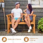 Costway Panchina da esterno in legno di acacia per 2 persone con schienale e braccioli, Panchina da giardino capacità 360 kg per veranda cortile prato e piscina Modello 1 - immagine 7