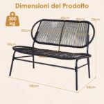 Costway Panchina da esterno in metallo con schienale ergonomico e ampia seduta in rattan, Panca da giardino portata 300 kg - immagine 6