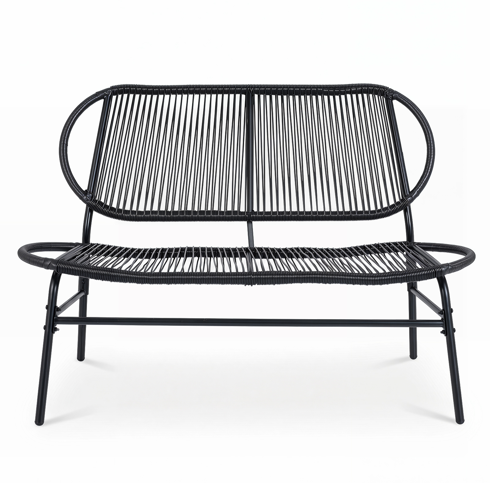 Panchina-da-esterno-in-metallo-con-schienale-ergonomico-e-ampia-seduta-in-rattan-mediaId105133616-1782116762.jpg Costway Panchina da esterno in metallo con schienale ergonomico e ampia seduta in rattan, Panca da giardino portata 300 kg - immagine 1