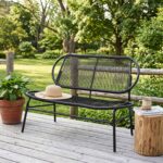Costway Panchina da esterno in metallo con schienale ergonomico e ampia seduta in rattan, Panca da giardino portata 300 kg - immagine 3