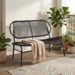 Costway Panchina da esterno in metallo con schienale ergonomico e ampia seduta in rattan, Panca da giardino portata 300 kg - immagine 4