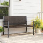 Costway Panchina da giardino in rattan con braccioli e schienale ergonomici, Panca da esterno 2 posti per terrazza e balcone Marrone - immagine 2