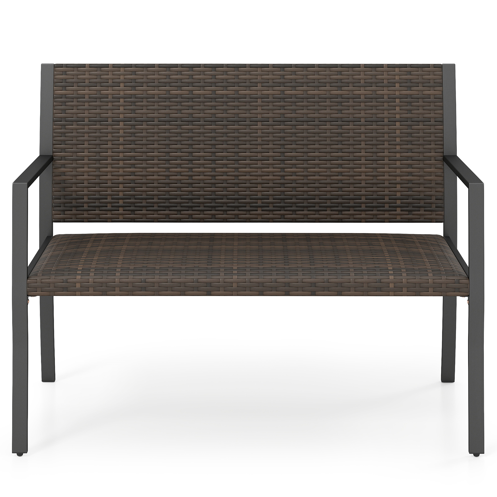 Panchina-da-giardino-in-rattan-con-braccioli-e-schienale-ergonomici-mediaId105161322-1783580704.jpg Costway Panchina da giardino in rattan con braccioli e schienale ergonomici, Panca da esterno 2 posti per terrazza e balcone Marrone - immagine 1