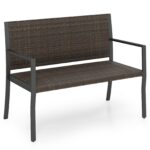 Costway Panchina da giardino in rattan con braccioli e schienale ergonomici, Panca da esterno 2 posti per terrazza e balcone Marrone - immagine 5