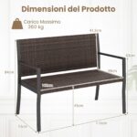 Costway Panchina da giardino in rattan con braccioli e schienale ergonomici, Panca da esterno 2 posti per terrazza e balcone Marrone - immagine 6