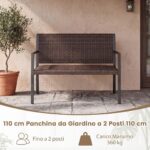 Costway Panchina da giardino in rattan con braccioli e schienale ergonomici, Panca da esterno 2 posti per terrazza e balcone Marrone - immagine 7