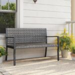Costway Panchina da giardino in rattan con braccioli e schienale ergonomici, Panca da esterno 2 posti per terrazza e balcone Grigio - immagine 2