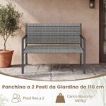Costway Panchina da giardino in rattan con braccioli e schienale ergonomici, Panca da esterno 2 posti per terrazza e balcone Grigio - immagine 7