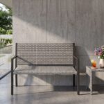 Costway Panchina da giardino in rattan con braccioli e schienale ergonomici, Panca da esterno 2 posti per terrazza e balcone Grigio - immagine 3
