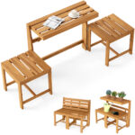 Costway Panchina esterno trasformabile 3 in 1 in legno di acacia, Set mobile esterno supporto piante per terrazzo patio e balcone Naturale