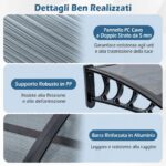 Costway Pensilina tettoia per porta ingresso policarbonato trasparente, Tettoia da esterno barra in alluminio rinforzata Grigio scuro - immagine 9