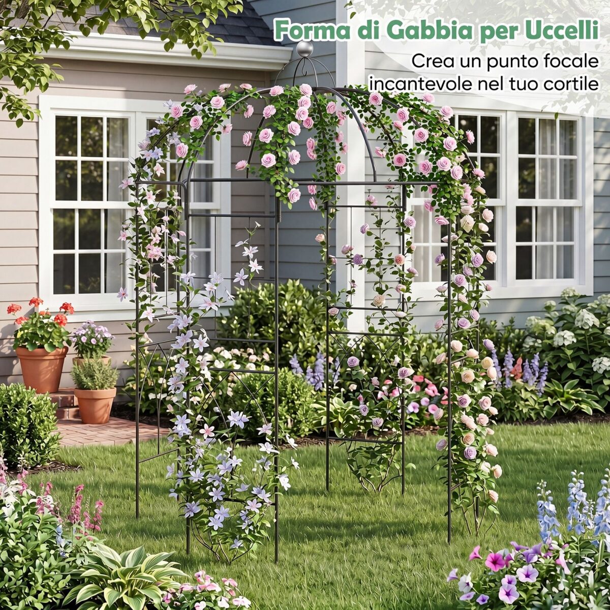Costway Pergolato da giardino a forma di gabbia con gancio e picchetti, Traliccio ad arco in metallo per piante rampicanti - immagine 9