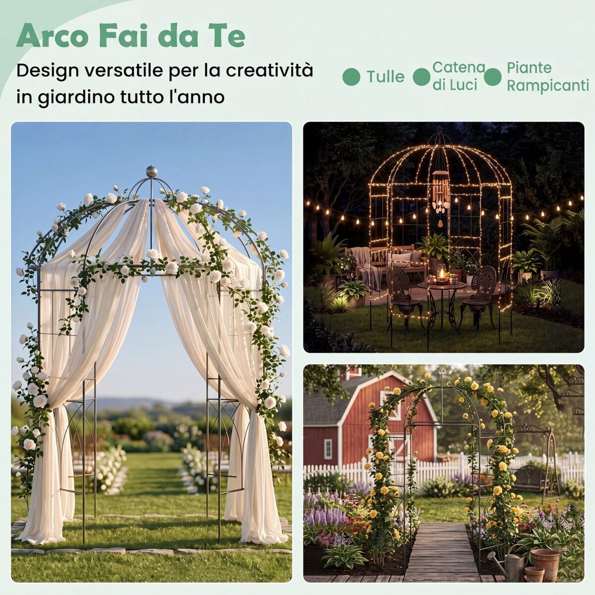 Costway Pergolato da giardino a forma di gabbia con gancio e picchetti, Traliccio ad arco in metallo per piante rampicanti - immagine 7
