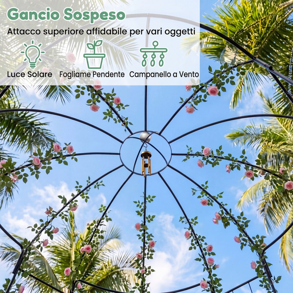 Costway Pergolato da giardino a forma di gabbia con gancio e picchetti, Traliccio ad arco in metallo per piante rampicanti - immagine 8