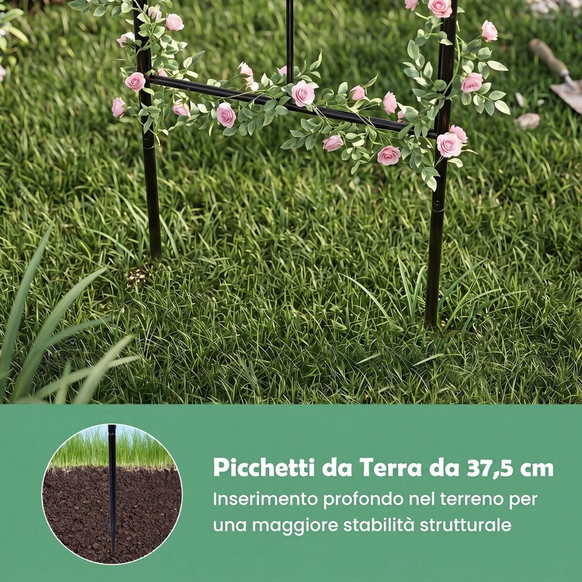 Costway Pergolato da giardino a forma di gabbia con gancio e picchetti, Traliccio ad arco in metallo per piante rampicanti - immagine 10