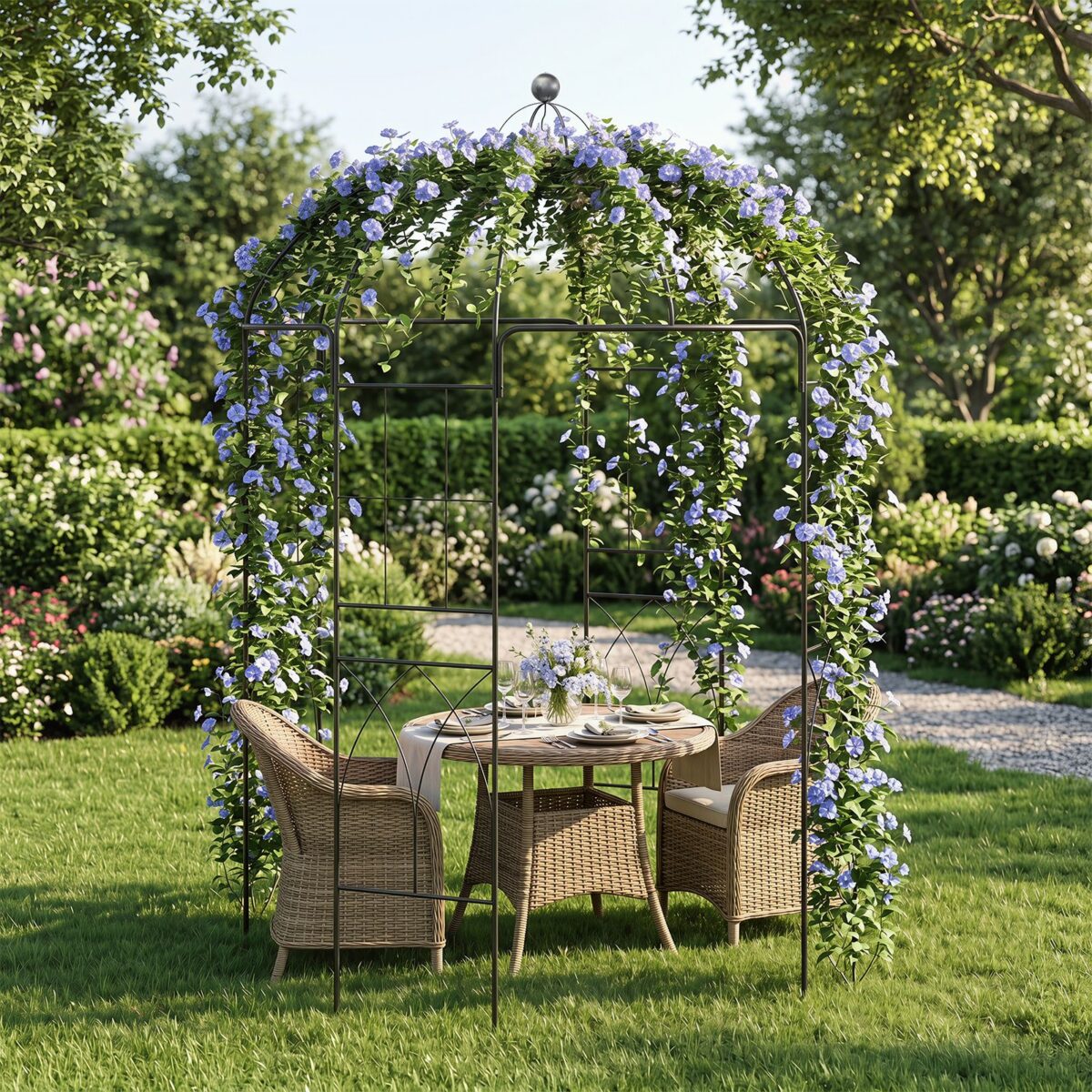 Costway Pergolato da giardino a forma di gabbia con gancio e picchetti, Traliccio ad arco in metallo per piante rampicanti - immagine 3