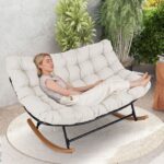 Costway Poltrona dondolo papasan doppia per 2 persone divano esterno oversize, Poltrona ovale per interni ed esterni per giardino Beige - immagine 3