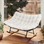 Costway Poltrona dondolo papasan doppia per 2 persone divano esterno oversize, Poltrona ovale per interni ed esterni per giardino Beige - immagine 2