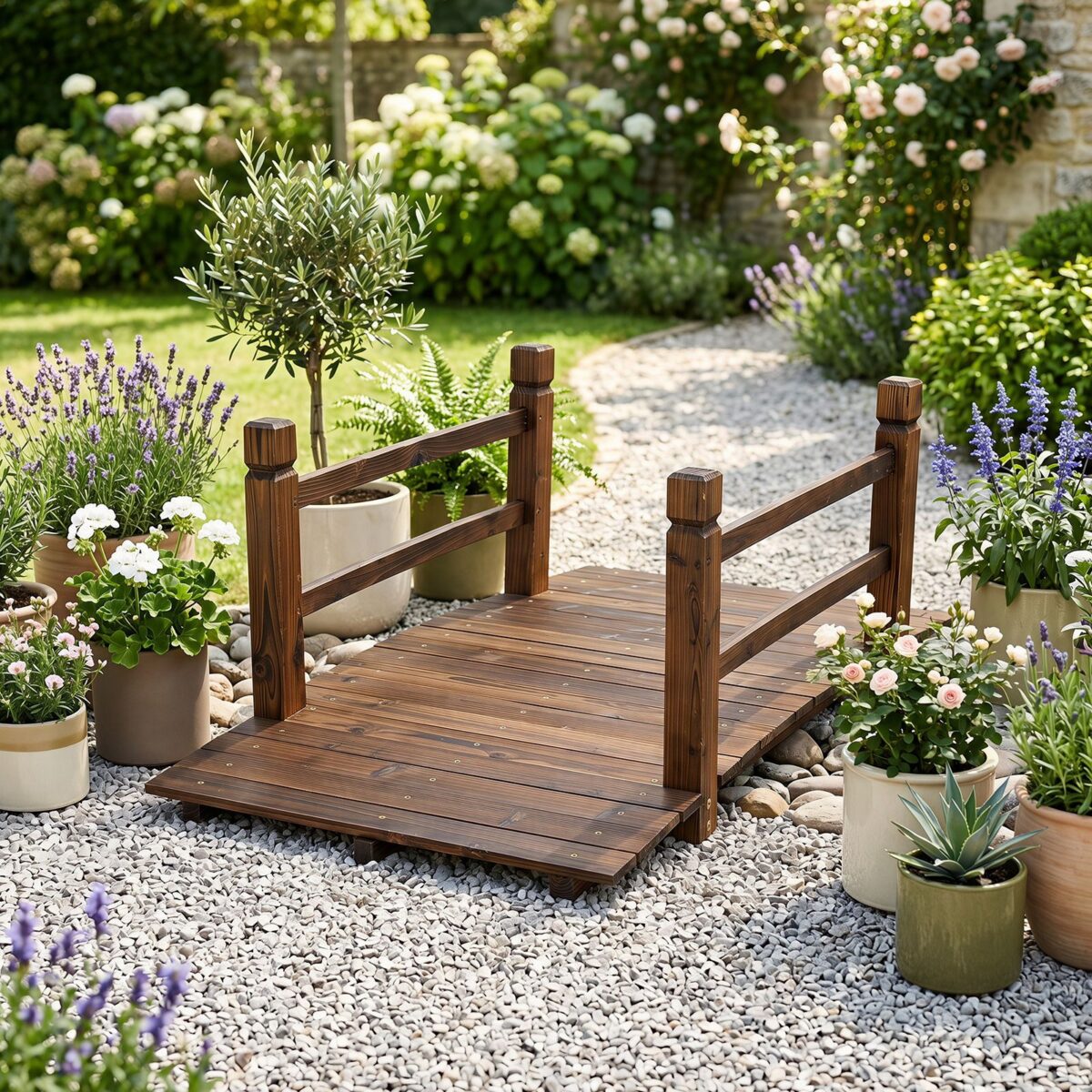 Costway Ponte da giardino in abete carbonizzato con ringhiere, Ponticello decorativo per cortile e fattoria con portata 500 kg 125 x 68 x 47 cm - immagine 2