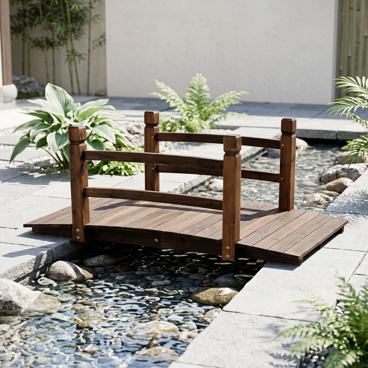 Costway Ponte da giardino in abete carbonizzato con ringhiere, Ponticello decorativo per cortile e fattoria con portata 500 kg 125 x 68 x 47 cm - immagine 3