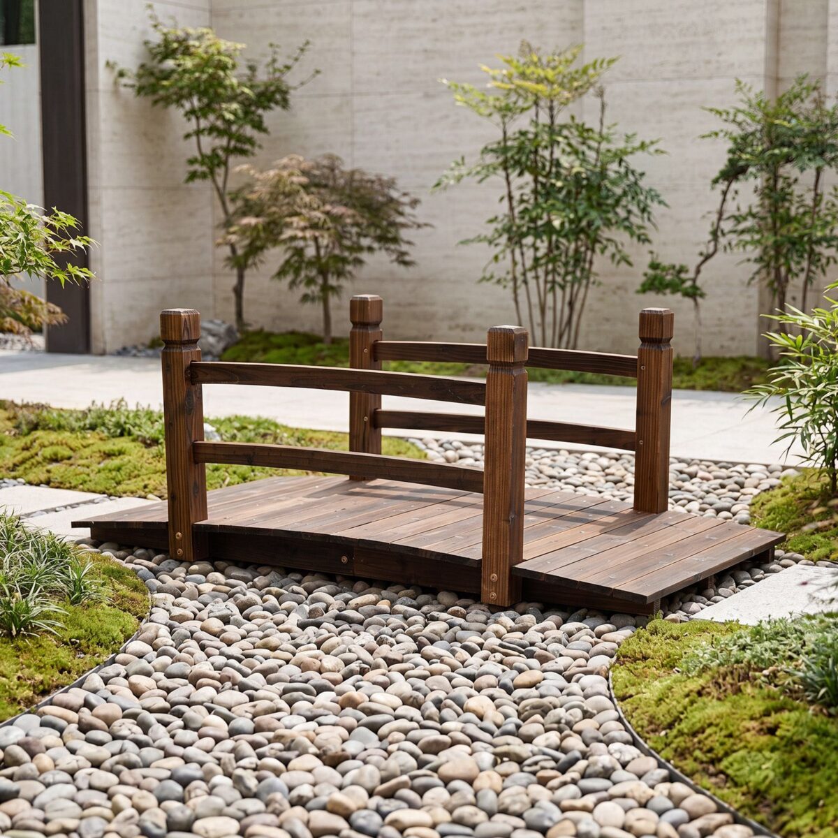 Costway Ponte da giardino in abete carbonizzato con ringhiere, Ponticello decorativo per cortile e fattoria con portata 500 kg 125 x 68 x 47 cm - immagine 4