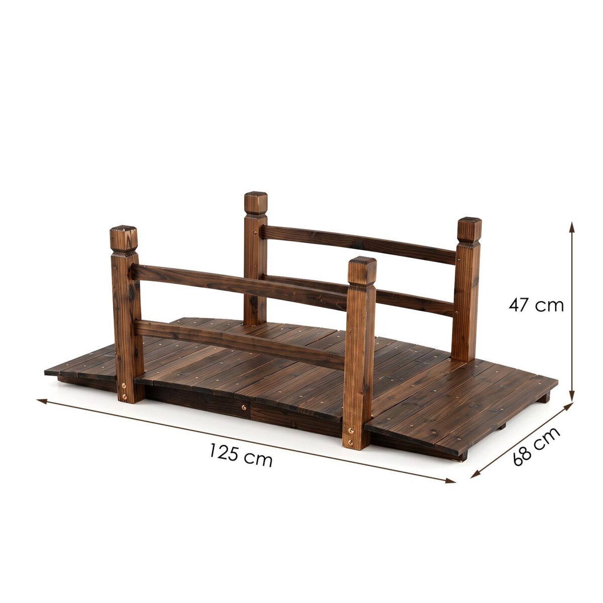Costway Ponte da giardino in abete carbonizzato con ringhiere, Ponticello decorativo per cortile e fattoria con portata 500 kg 125 x 68 x 47 cm - immagine 6