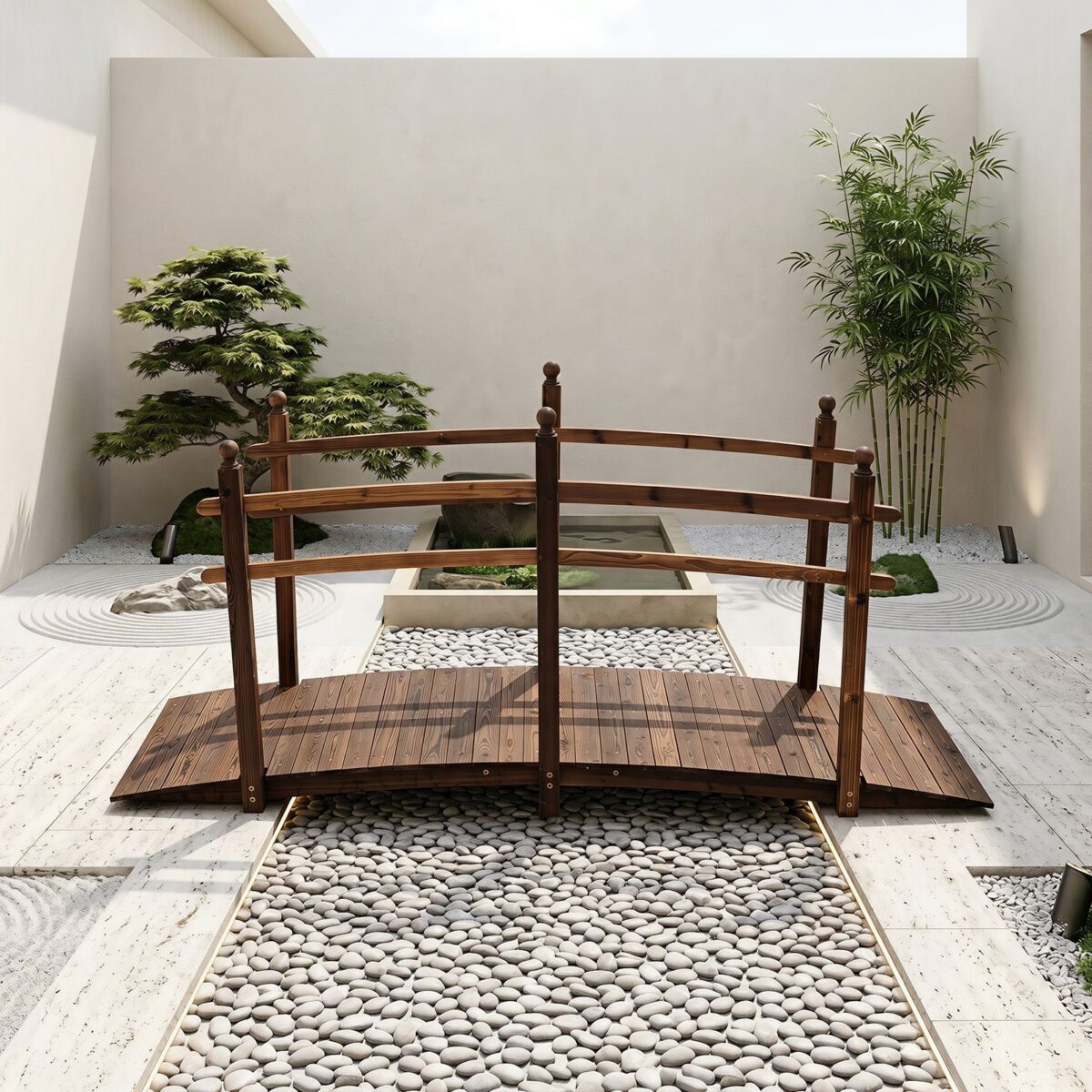 Costway Ponte da giardino in abete carbonizzato con ringhiere, Ponticello decorativo per cortile e fattoria con portata 500 kg 230 x 73 x 108 cm - immagine 5