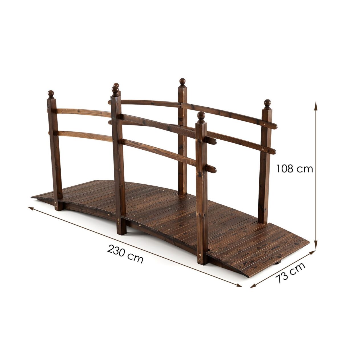 Costway Ponte da giardino in abete carbonizzato con ringhiere, Ponticello decorativo per cortile e fattoria con portata 500 kg 230 x 73 x 108 cm - immagine 6