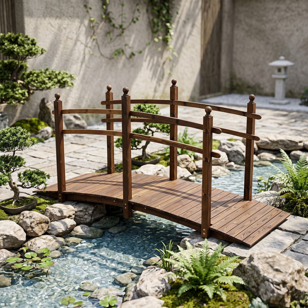 Costway Ponte da giardino in abete carbonizzato con ringhiere, Ponticello decorativo per cortile e fattoria con portata 500 kg 230 x 73 x 108 cm - immagine 3