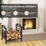Costway Porta legna per interno ed esterno con ripiano rialzato e delicato disegno, Portalegna in metallo 45 x 33 x 44 cm - immagine 7