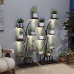 Costway Portavasi grande con luci di crescita per salotto e balcone, Supporto decorativo marrone per fiori per molteplici piante 2 Pezzi - immagine 3