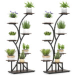 Costway Portavasi grande con luci di crescita per salotto e balcone, Supporto decorativo marrone per fiori per molteplici piante 2 Pezzi