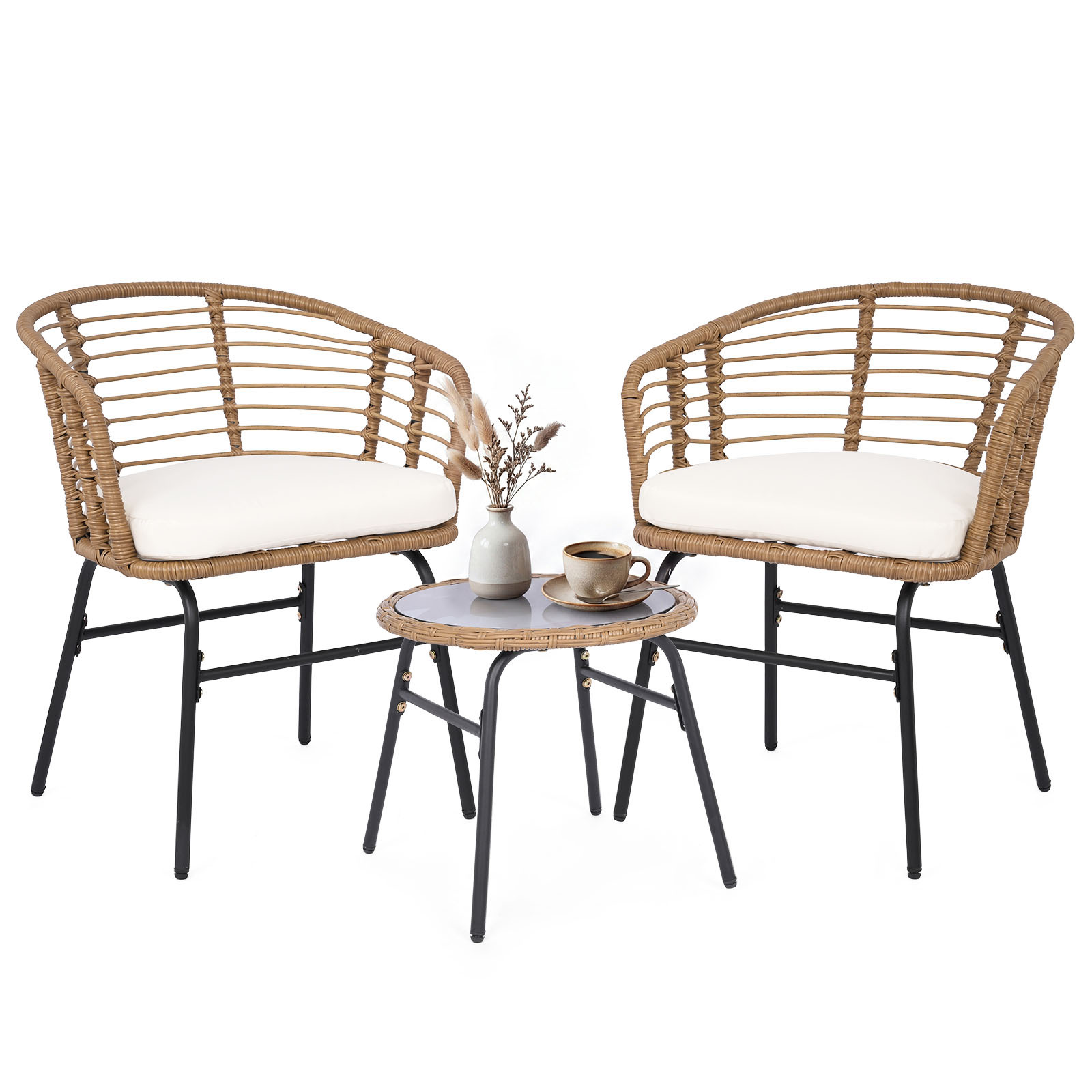 Salotto-da-esterno-in-pe-rattan-con-piano-in-vetro-temperato-mediaId105126330-1781494229.jpg Costway Salotto da esterno in pe rattan con piano in vetro temperato, Set mobile da giardino a 3 pezzi 2 poltrone con cuscini imbottiti - immagine 1