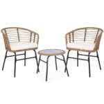Costway Salotto da esterno in pe rattan con piano in vetro temperato, Set mobile da giardino a 3 pezzi 2 poltrone con cuscini imbottiti - immagine 4