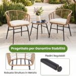 Costway Salotto da esterno in pe rattan con piano in vetro temperato, Set mobile da giardino a 3 pezzi 2 poltrone con cuscini imbottiti - immagine 6