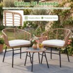 Costway Salotto da esterno in pe rattan con piano in vetro temperato, Set mobile da giardino a 3 pezzi 2 poltrone con cuscini imbottiti - immagine 9